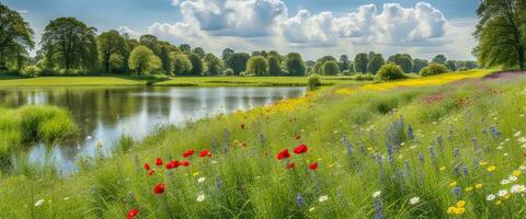 panorama conceito fundo lindo prados e natural lagoa dentro horário de verão criada com ai generativo foto