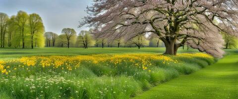 panorama conceito fundo lindo prados dentro primavera criada com ai generativo foto