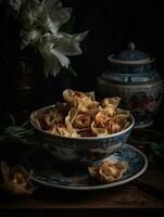 shui lan frito Wonton para chinês kung pao, dentro a estilo do flor e natureza motivos ai gerado foto