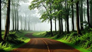 uma estrada dentro a verde floresta enevoado manhã árvores para fundo criada com ai generativo foto