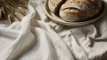 generativo ai, recentemente cozido pão ou padaria às a casa cozinha, ecologicamente natural pastelaria, linho mesa vestem e trigo foto