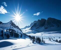 inverno país das maravilhas, majestoso montanhas debaixo uma azul céu, ai gerado foto