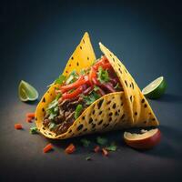 tacos com salgado carne e colorida vegetais, autêntico mexicano cozinha em uma Preto fundo, ai gerado foto