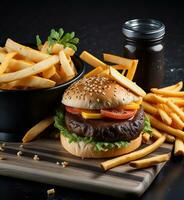 delicioso carne hamburguer e francês fritas com Derretendo queijos em de madeira mesa, ai gerado foto