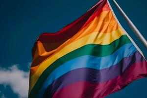 uma arco Iris bandeira acenando dentro a vento foto