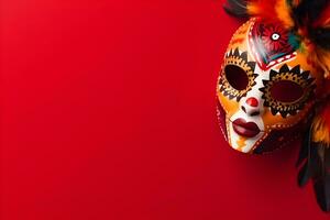 lindo carnaval mascarar com penas em vermelho fundo com copyspace foto