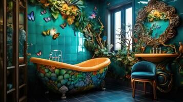 banheiro dentro kitsch estilo. incrível conto de fadas Projeto e vibrante cores. foto