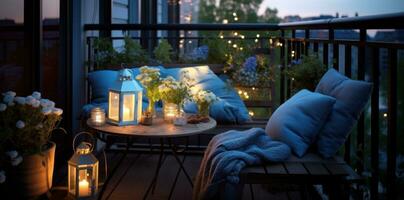 telhado terraço decorado com ao ar livre iluminação e almofadas foto