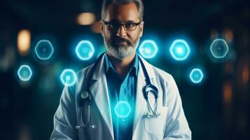 retrato do uma profissional médico ou cientista focado e borrão fundo generativo ai foto