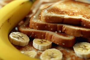 banana brinde, macro tiro do uma fresco café da manhã com gotejamento mel, ai gerado foto