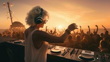 atraente grisalho envelhecido mulher dj às uma de praia festa durante pôr do sol. foto