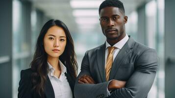 ásia mulher e africano cara. moderno confiante casal do empregados foto