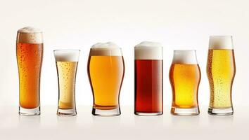 uma variedade do cervejas dentro vidro óculos. construir Cerveja conjunto em uma branco fundo. ai gerado. foto