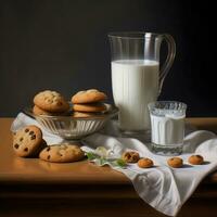 leite e biscoitos em uma de madeira mesa. rústico café da manhã. Fazenda leite. ai gerado. foto