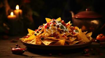 nachos. crocantes tortilla salgadinhos coberto com derretido queijo cheddar queijo, salsa. ai foto