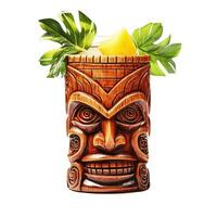 tropical coquetel servido dentro uma tiki estilo vidro e enfeitado com frutas. foto