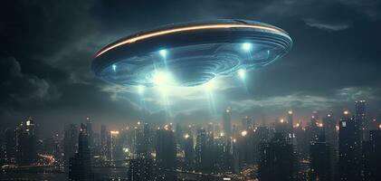 UFO dentro a céu vôo sobre a noite cidade. lindo fantasia cena. uma vôo pires. futurista tecnológica conceito. transporte do a futuro. foto