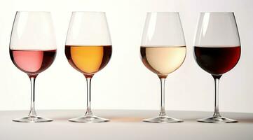 óculos do vinho - definir. álcool dentro óculos em uma branco fundo. quatro vinho óculos com diferente tipos do vinho. colorida bebidas. uma linha do meio vazio vinho mantimentos. foto