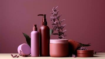 conjunto do Cosmético produtos com lavanda flores cabelo Cuidado produtos. 3d ilustração. foto