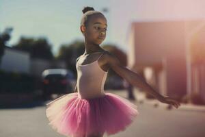 africano pequeno menina balé rua foto. gerar ai foto