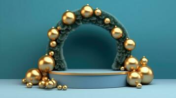 3d render do azul pódio adornado com ouro arco Natal árvore decorações, ai gerado foto