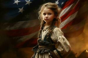resiliente americano militares criança menina perto bandeira. gerar ai foto
