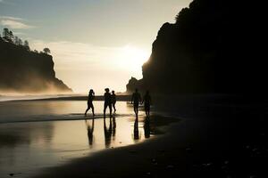 silhuetas do turistas desfrutando a Preto areia de praia e oceano ondas, generativo ai foto
