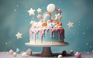 uma vibrante e festivo aniversário bolo adornado com colorida decorações, generativo ai foto