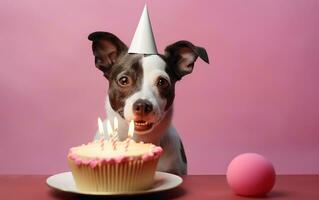 festivo aniversário celebração adorável cachorro com festa chapéu, gerado por IA imagem foto