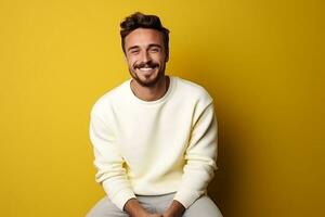 europeu masculino modelo dentro em branco branco suéter moda retrato, generativo ai foto