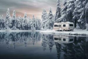 inverno país das maravilhas - realista panorama do Nevado floresta e congeladas lago. generativo de ai foto