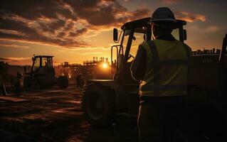 construção maquinistas homens dirigindo pesado maquinaria às construção local. generativo ai foto