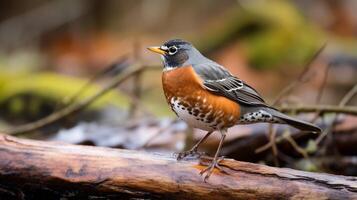 foto do uma americano robin em pé em uma caído árvore ramo às manhã