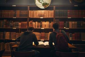 universidade alunos lendo livros dentro biblioteca para pesquisar. foto