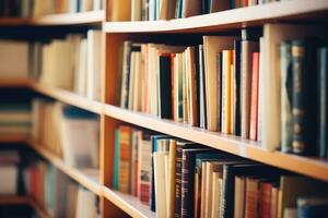 fechar-se do livros bem organizado em prateleiras dentro a livraria. a conceito do Educação foto