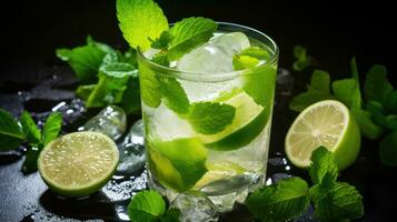 refrescante Mojito com Lima, hortelã e gelo dentro uma vidro. foto