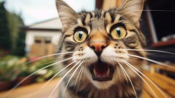 fechar-se foto do uma engraçado chocado norueguês floresta gato degola Fora dele língua. generativo ai