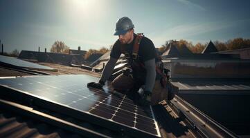 instalando solar fotovoltaico painel sistema. alternativo energia ecológico conceito. foto