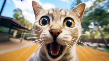 fechar-se foto do uma engraçado chocado burmila gato degola Fora dele língua. generativo ai