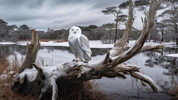 foto do uma Nevado coruja em pé em uma caído árvore ramo às manhã. generativo ai