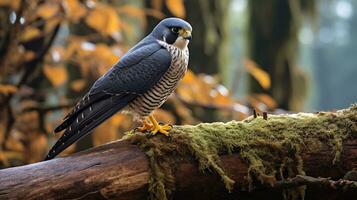 foto do uma peregrino falcão em pé em uma caído árvore ramo às manhã. generativo ai