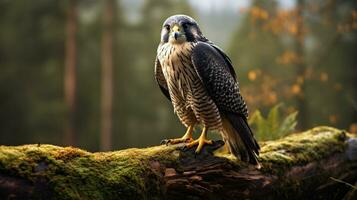 foto do uma peregrino falcão em pé em uma caído árvore ramo às manhã. generativo ai