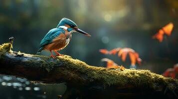 foto do uma martinho pescatore em pé em uma caído árvore ramo às manhã. generativo ai