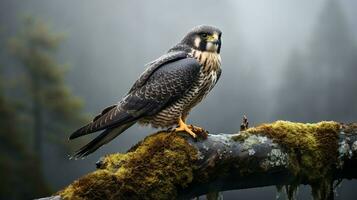 foto do uma peregrino falcão em pé em uma caído árvore ramo às manhã. generativo ai