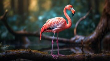 foto do uma flamingo em pé em uma caído árvore ramo às manhã. generativo ai