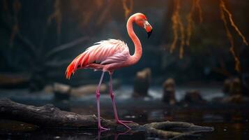 foto do uma flamingo em pé em uma caído árvore ramo às manhã. generativo ai