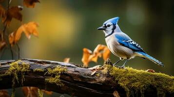 foto do uma azul Jay em pé em uma caído árvore ramo às manhã. generativo ai