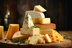de madeira borda com diferente tipos do delicioso queijo em mesa foto