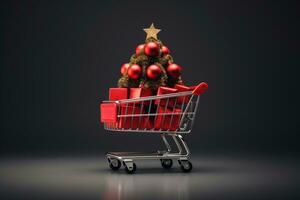 compras carrinho com apresenta com decorado Natal árvore foto