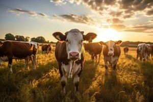 vacas pastar às pôr do sol em uma Fazenda. foto